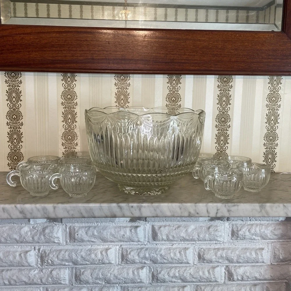 Vintage Indiana Glass Company Royal Drape Punch Bowl Set 10‎ Ribbed Hooked Cups